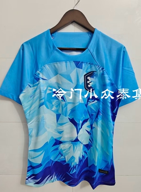冷门小众欧洲橙色狮子潮牌球衣几何印花蓝色狮头短袖足球服运动服