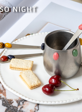 玉石水果叉304不锈钢甜品小叉子创意签轻奢高级礼物插子收纳罐