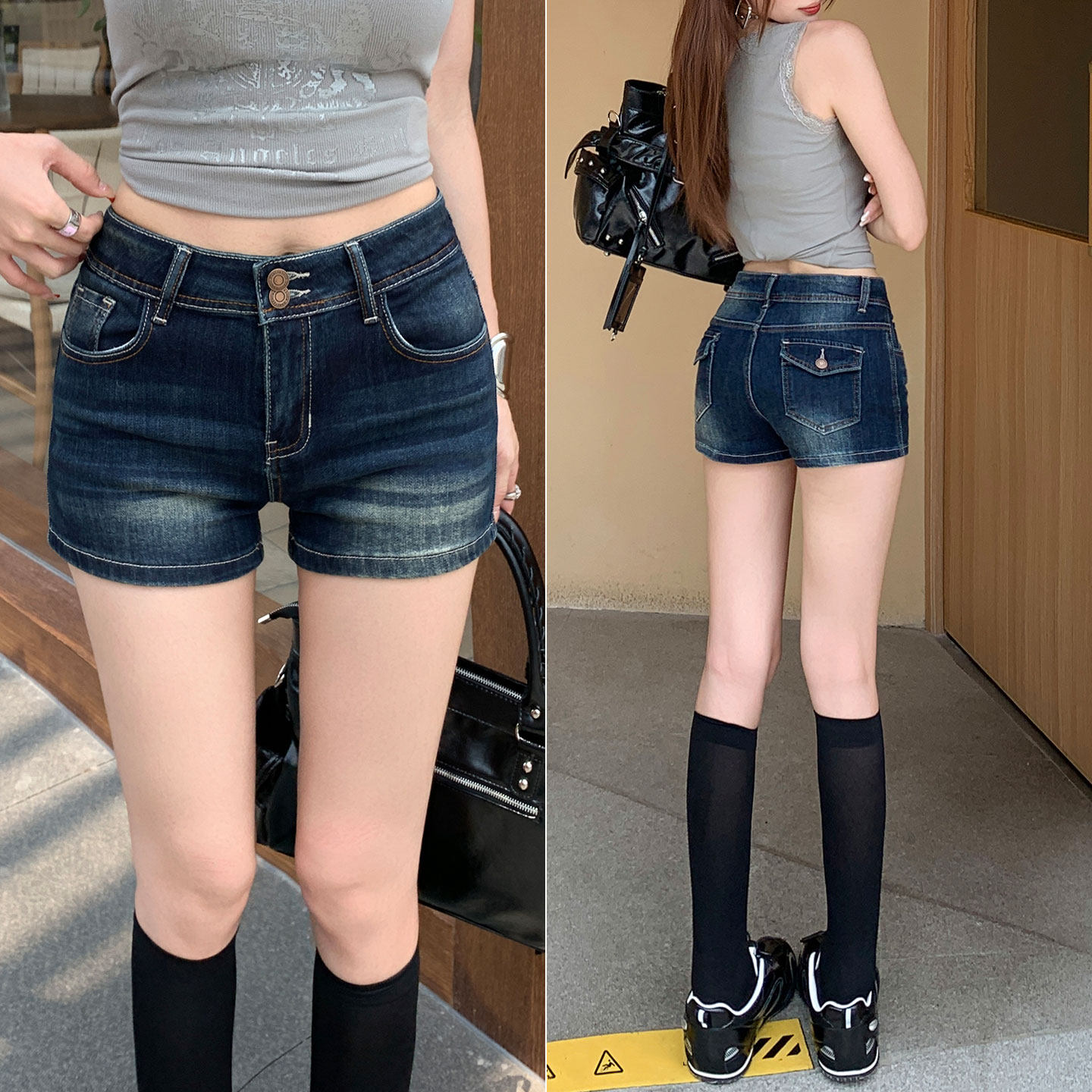 美式夏季高腰复古弹力紧身包臀牛仔短裤女辣妹性感外穿提臀热裤