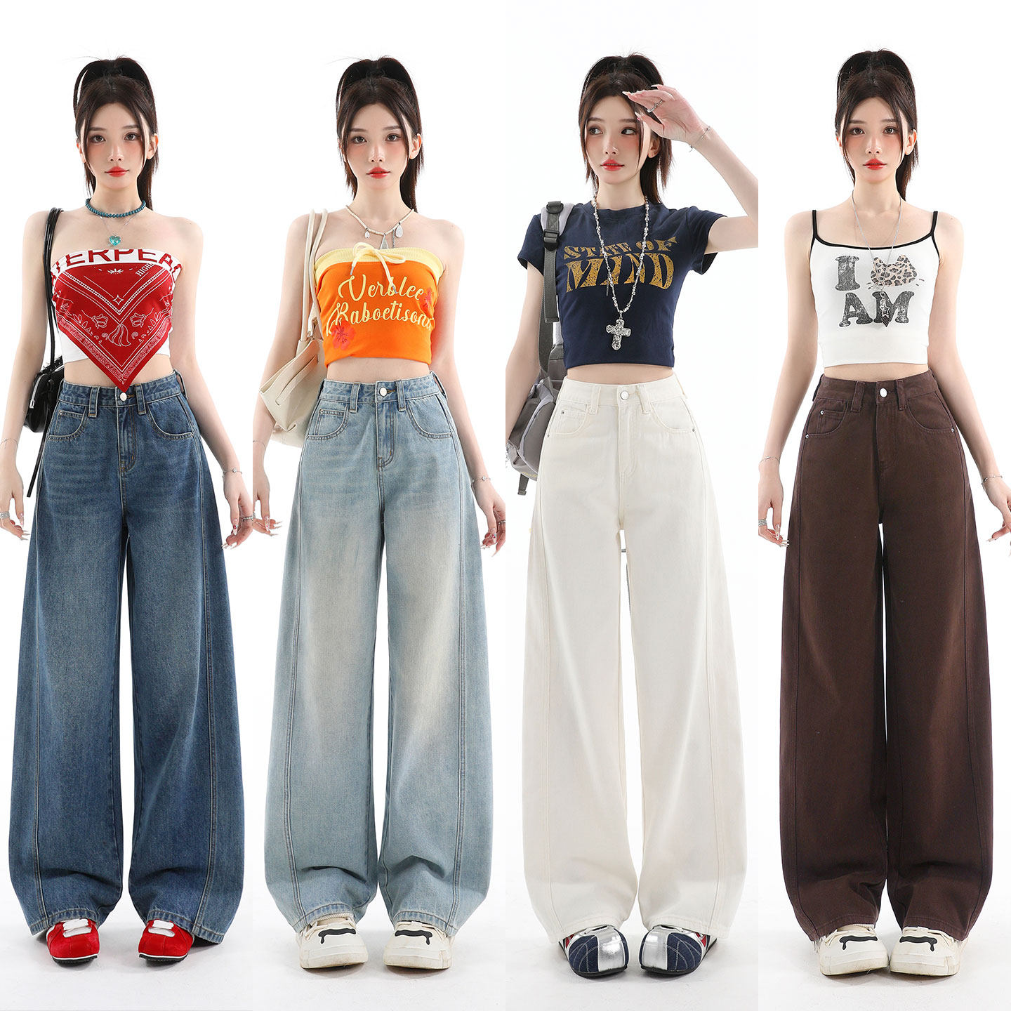 2026新款夏季薄款白色弯刀牛仔裤女小个子大码胖mm窄版直筒阔腿裤