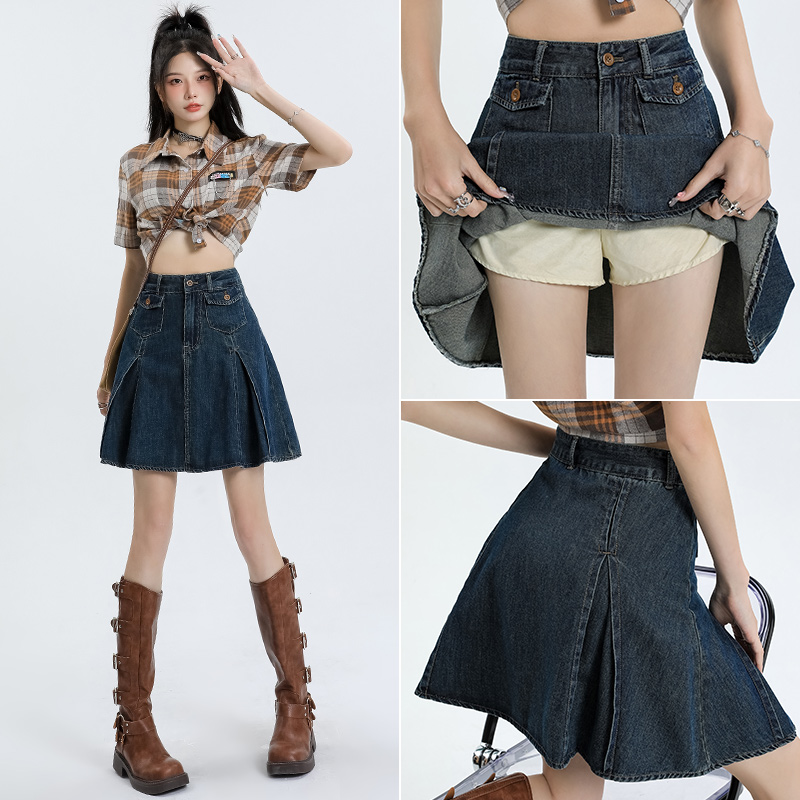 天丝中长款薄牛仔半身裙女百褶裙