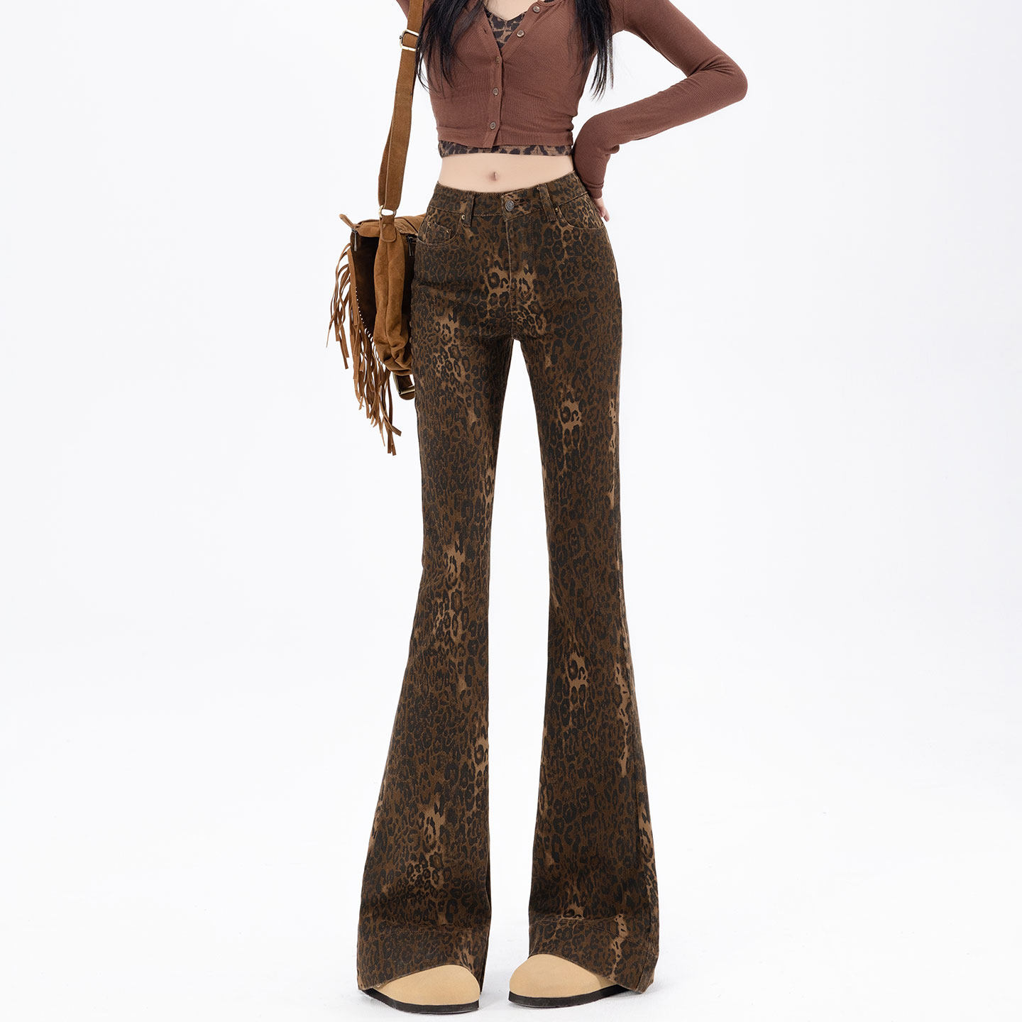 美式设计感高腰修身提臀豹纹微喇牛仔裤女弹力紧身显瘦辣妹喇叭裤