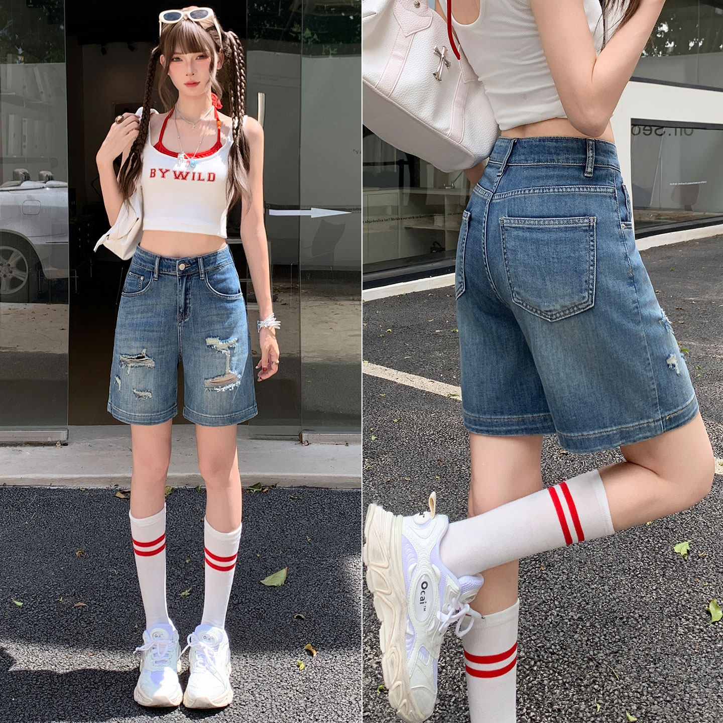 美式夏薄款高腰弹力宽松直筒复古破洞牛仔短裤女中裤小个子五分裤