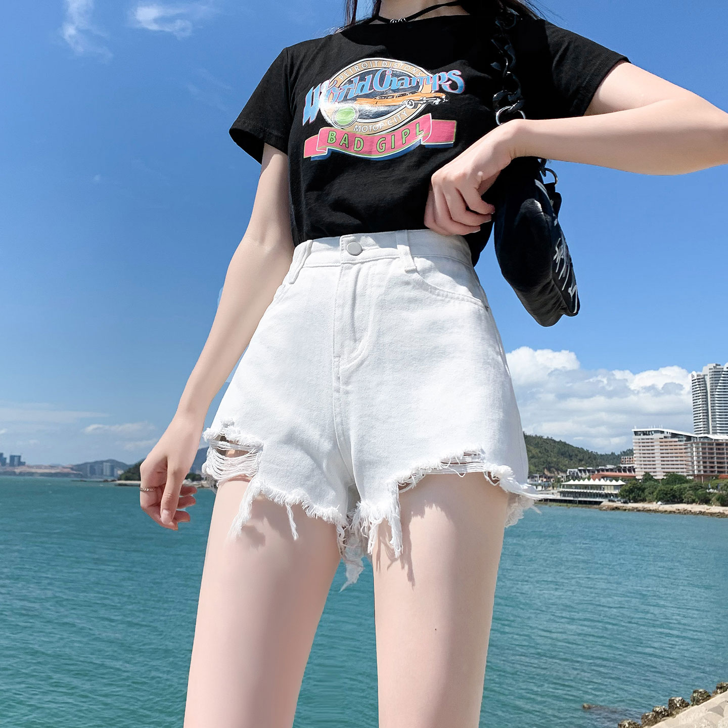 夏季韩版白色高腰毛边破洞阔腿牛仔短裤女小个子辣妹宽松a字热裤