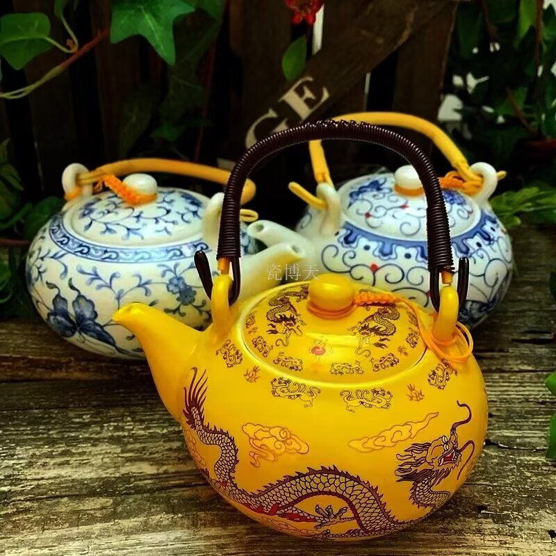 提梁壶带盖 景德镇陶瓷红黄蓝绿白过滤大茶壶 黄金龙青花高端水壶