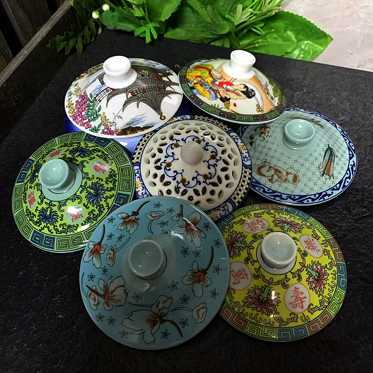 杯盖景德镇羊脂玉陶瓷水杯茶杯红黄蓝绿色龙杯盖青花山水景色杯盖