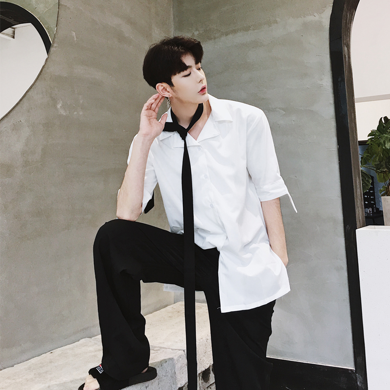 B251-A13-P58复古夏季薄款ins痞帅领带宽松坠感短袖衬衣，男装衬衫，天晨