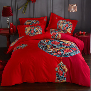 中式 民族风纯棉结婚磨毛四件套3D加厚全棉四件套婚庆大红床上用品