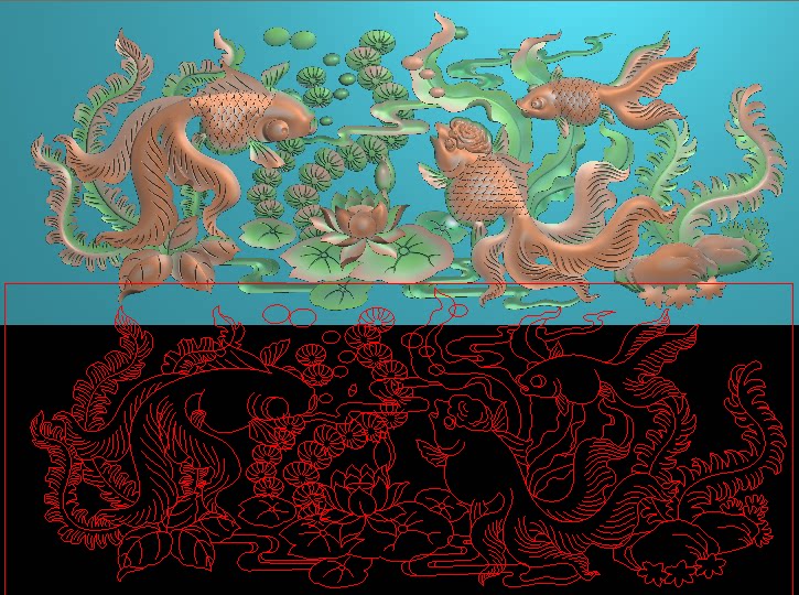 海鲜面板精雕图浮雕雕刻图灰度图荷花 门板 1.6米圆台面心板金鱼