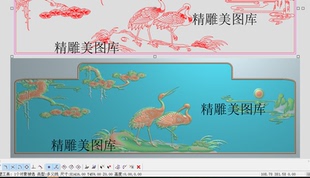 松鹤延年精雕图花鸟床背板仙鹤灰度图电脑雕刻图檀雕松鹤1416-459