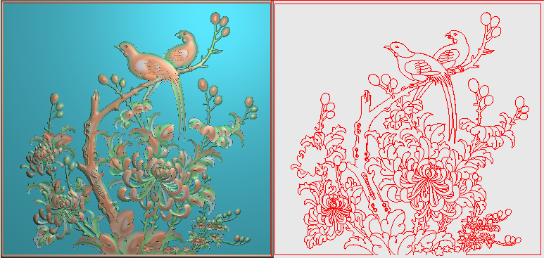 门板檀雕花鸟背板精雕图浮雕雕刻图灰度图靠背四季花中板 菊花鸟