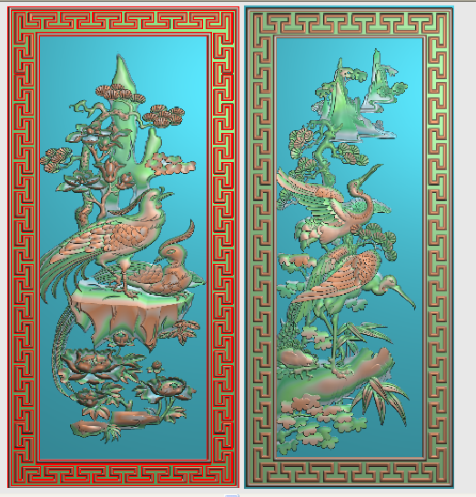 鸳鸯门板松鹤精雕图 雕刻图 灰度图仙鹤中板牡丹 花鸟背板4没线条