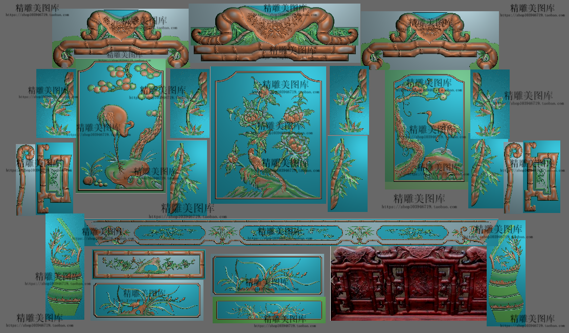 新竹节沙发精雕图浮雕图节节高升精品松鹤竹子整套雕刻图檀雕花鸟