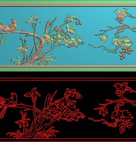 葡萄藤肚板精雕图灰度浮雕图檀雕花鸟横板方门精品葡萄底板桃花
