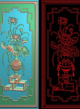 荷花花瓶精雕图博古花瓶电脑雕刻图精品莲花靠背浮雕图新款荷花图