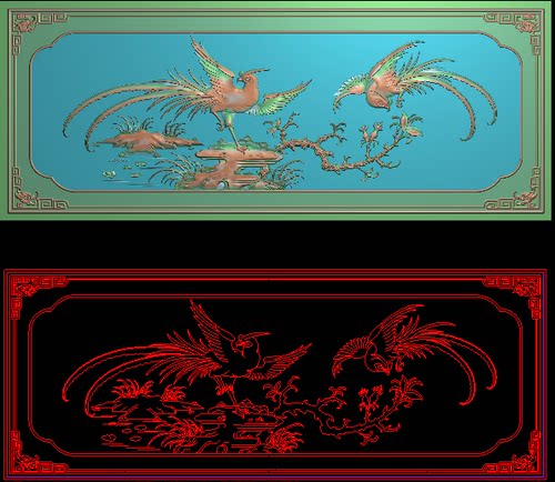 凤凰浮雕图精品鸟松树靠背电脑雕刻灰度图新款花鸟丹凤精雕图带线