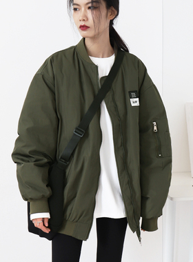 棒球羽绒服女冬季宽松复古BF风中长款90白鸭绒飞行员夹克羽绒外套