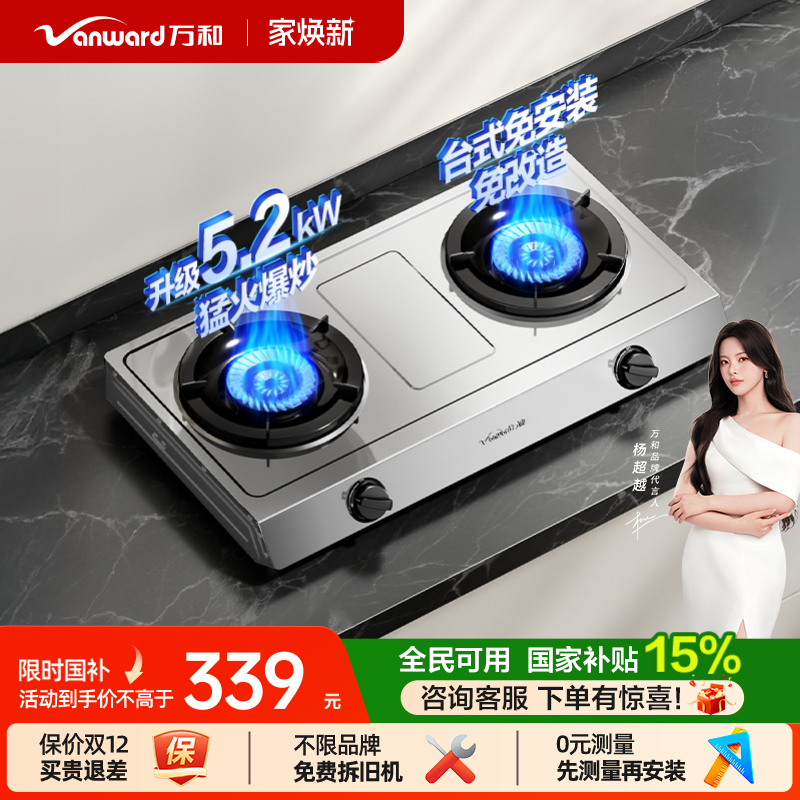 [政府补贴]万和不锈钢煤气灶双灶家用天然气液化气台式燃气灶D9