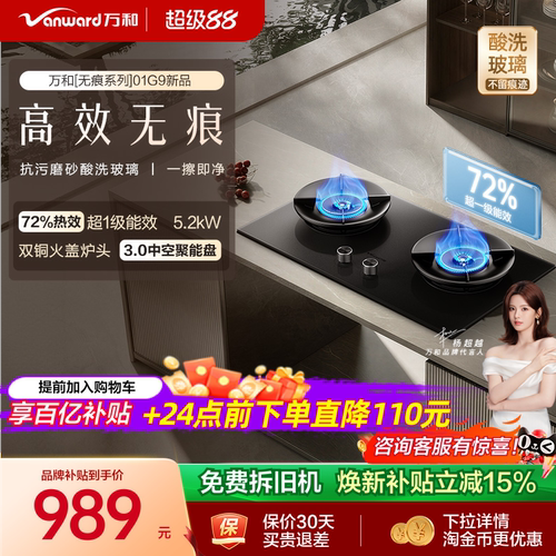 [旗舰新品]万和燃气灶煤气灶家用双灶天然气无痕酸洗玻璃官方01G9