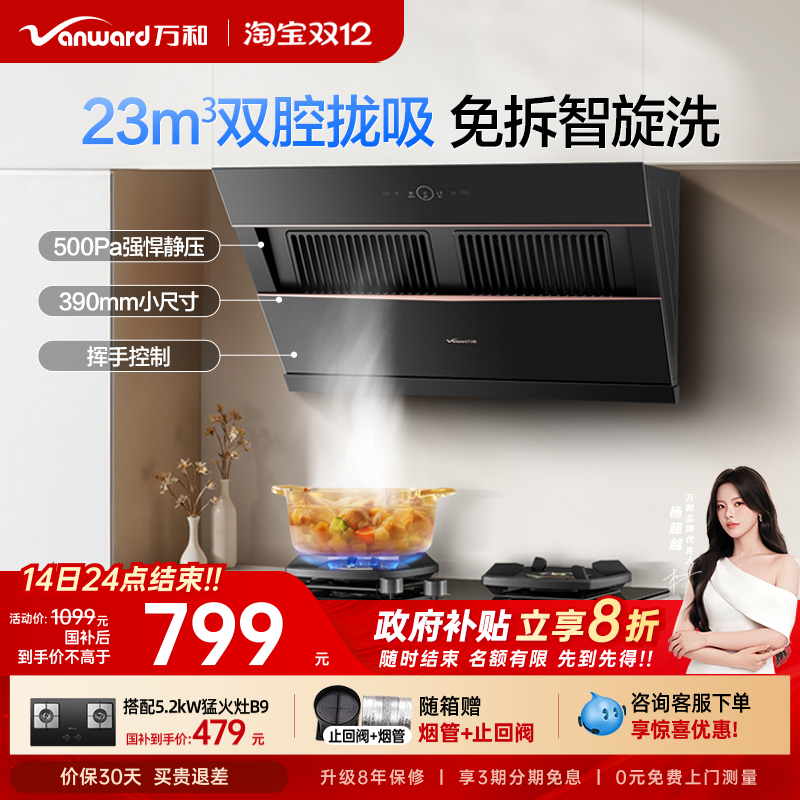 [政府补贴]万和小双翼家用厨房大吸力侧吸式烟机抽油烟机525PRO