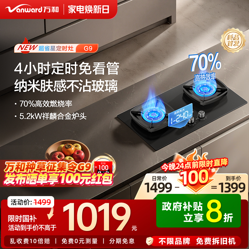 [政府补贴]万和猛火燃气灶家用双灶定时天然气台嵌两用灶具炉灶G9