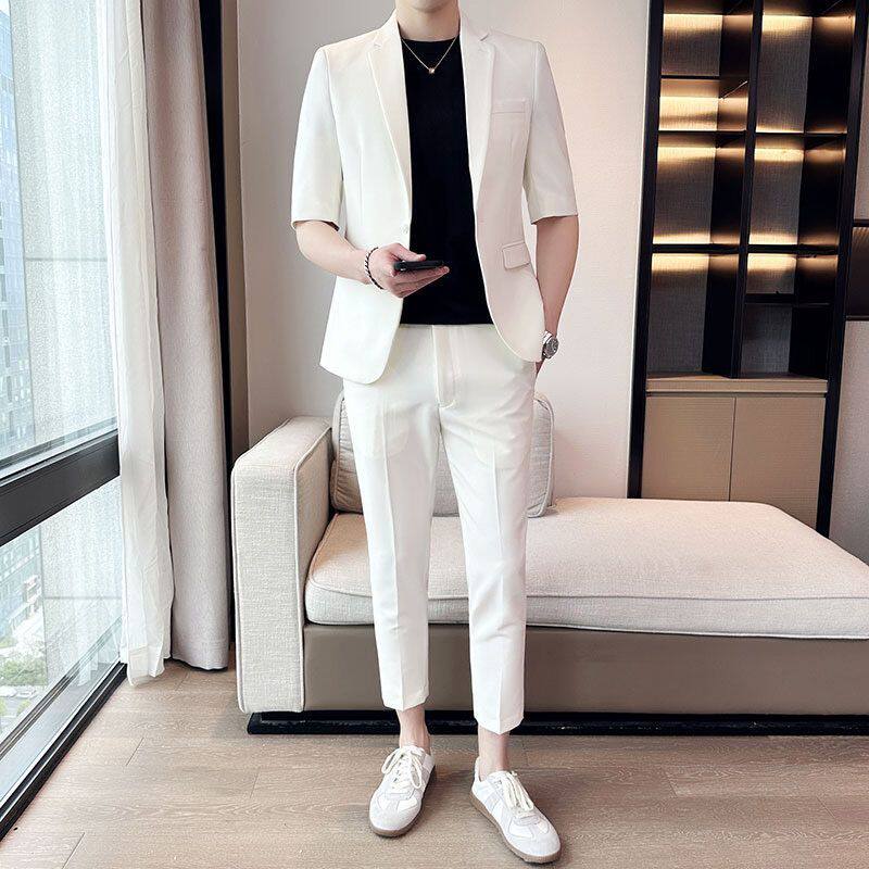 夏季短袖中袖西服男薄款韩版修身五分半袖七分袖小西装男英伦白色