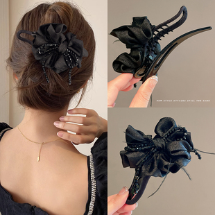 高级感羽毛发夹女蝴蝶结抓夹后脑勺鲨鱼夹大号鸭嘴夹秋冬发卡发饰