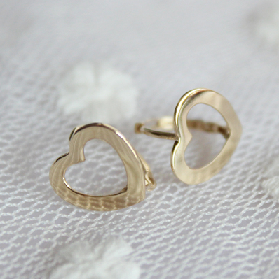 韩国14k金耳环镂空素金桃心耳饰