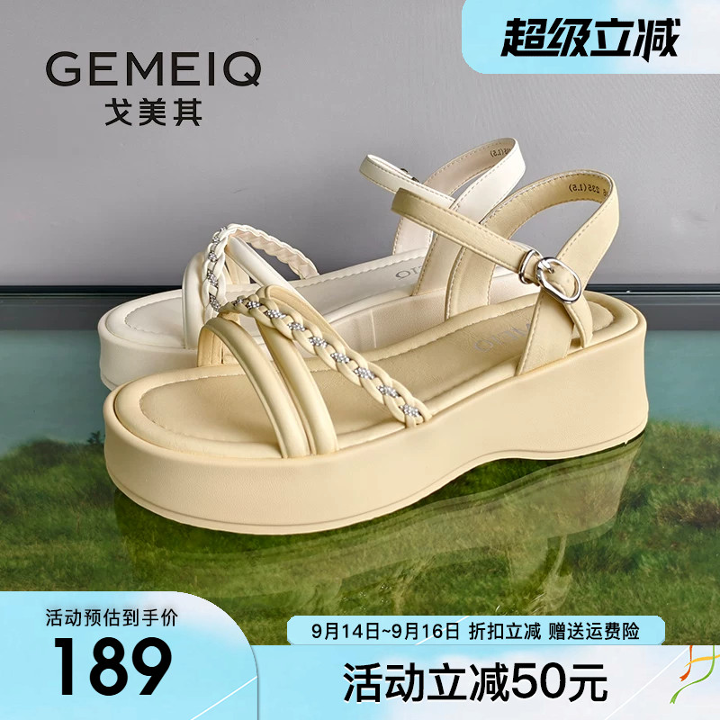戈美其厚底凉鞋女2026夏季新款外穿水钻一字带沙滩鞋百搭休闲女鞋图片