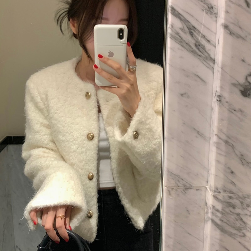 韩国chic复古温柔气质单排扣小香风口袋夹棉保暖毛呢短外套