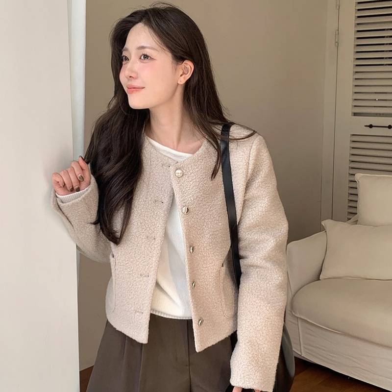 韩国chic法式气质名媛小香风圆领单排扣口袋短款毛呢外套女