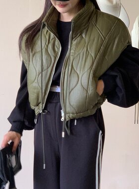 韩国chic秋冬时髦百搭宽松立领拉链抽绳棉衣棉服马甲背心女