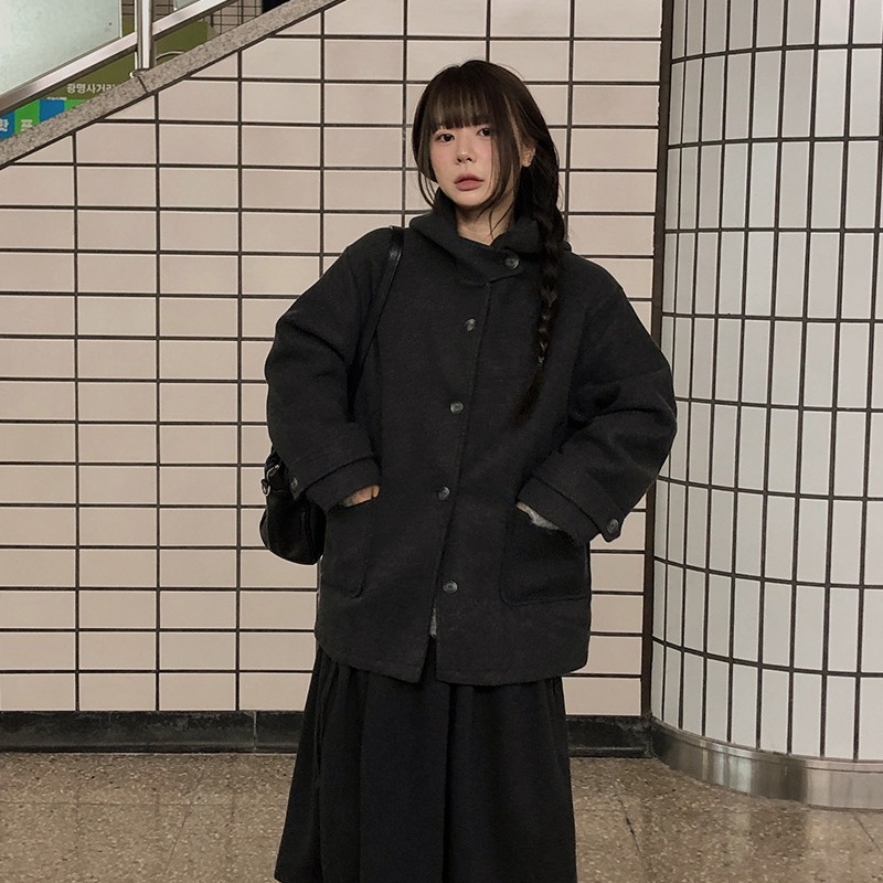 韩国chic复古气质连帽单排扣口袋小个子毛呢外套夹棉大衣女
