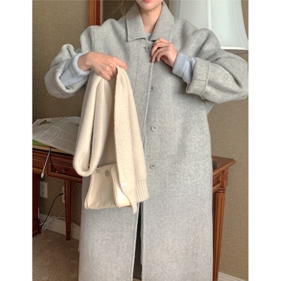 韩国东大门复古休闲长款暗扣设计呢子后开叉系带毛呢外套大衣