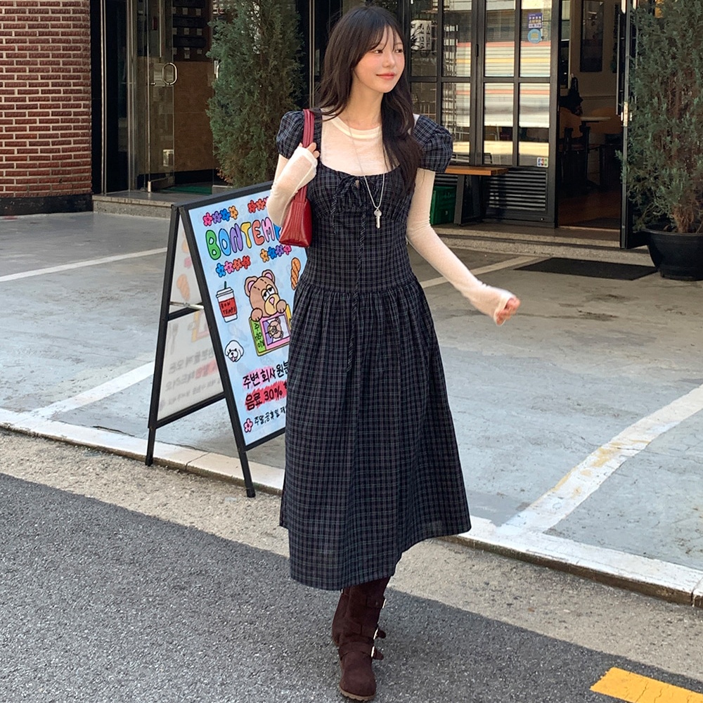 韩国chic秋季时尚叠穿法式方领格纹后背绑带短袖连衣裙女
