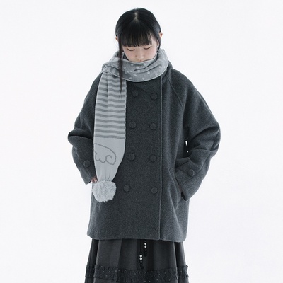 韩国小众设计师款复古日系连帽羊毛大衣毛呢双排扣外套冬