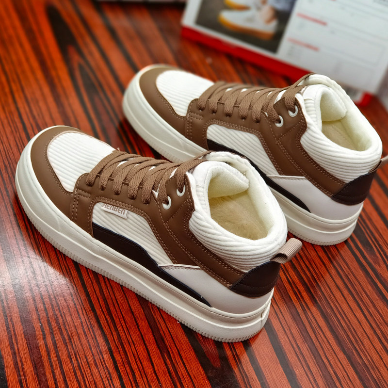 人本棉鞋女中帮加绒保暖板鞋厚底学生鞋冬灯芯绒PU皮面拼接百搭鞋,女鞋,休闲板鞋,淘宝优惠券,粉丝福利购,淘宝优惠卷