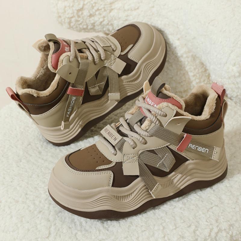 人本棉鞋女冬季加绒高帮运动保暖鞋交叉绑带松糕厚底休闲鞋老爹鞋