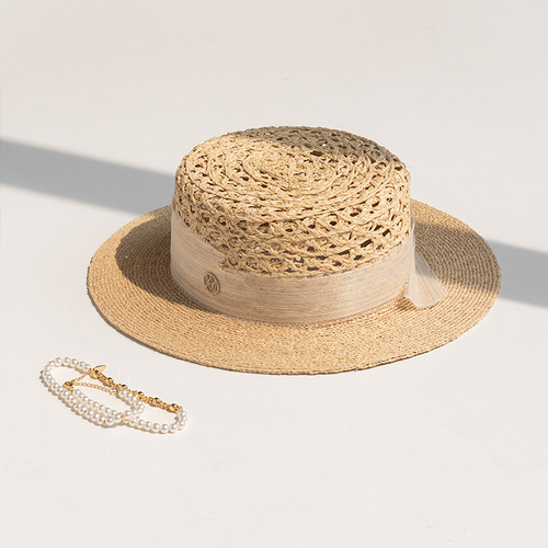 真丝麻设计师款拉菲草平顶帽夏季