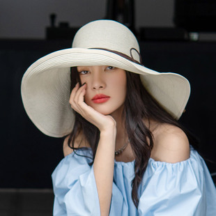 瘋帽子 大檐沙灘帽防曬海邊寬邊大邊漁夫草帽女 優(yōu)雅度假遮陽 法式