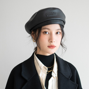時尚 瘋帽子 咖色棕色韓版 字母潮酷春季 貝雷帽柔軟PU皮質帽子女