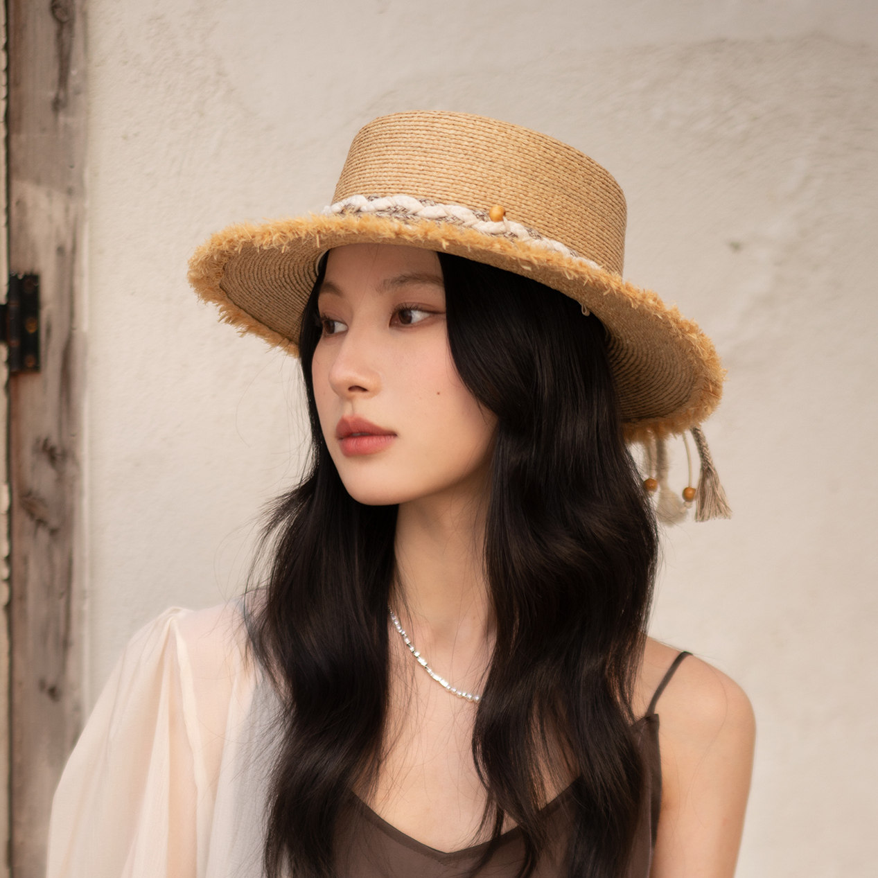 疯帽子 老钱度假风 毛须边天然拉菲草帽子女夏度假遮阳平顶礼帽26