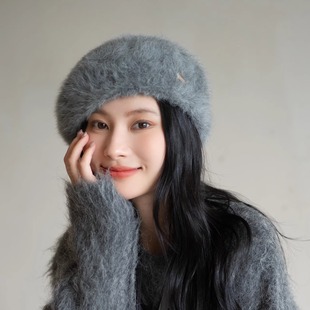 疯帽子 25年冬新 甜美安哥拉兔毛贝雷帽子毛茸茸画家帽女保暖蓓蕾