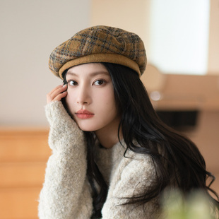 粗花呢復(fù)古格紋文藝 瘋帽子 小香風(fēng)貝雷帽子女 英倫畫家帽 法式 冬
