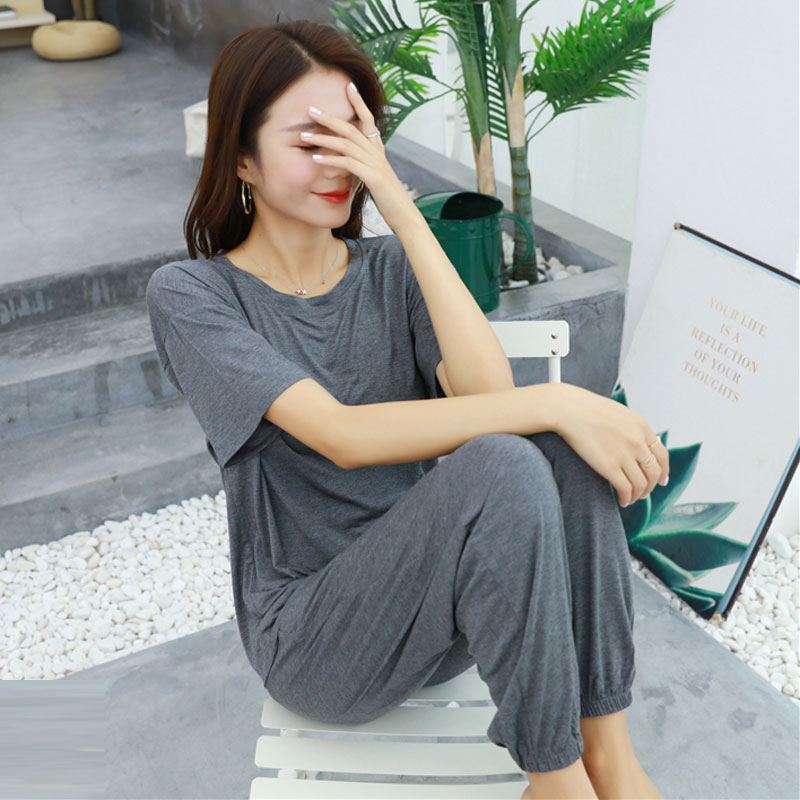 韩版女莫代尔短袖长裤束腿两件套宽松休闲睡衣清新家居服夏可外穿