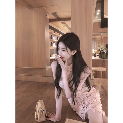 DFAY 定染粉蕾丝裙优雅温柔显白气质包臀修身显瘦无袖裙子女夏季