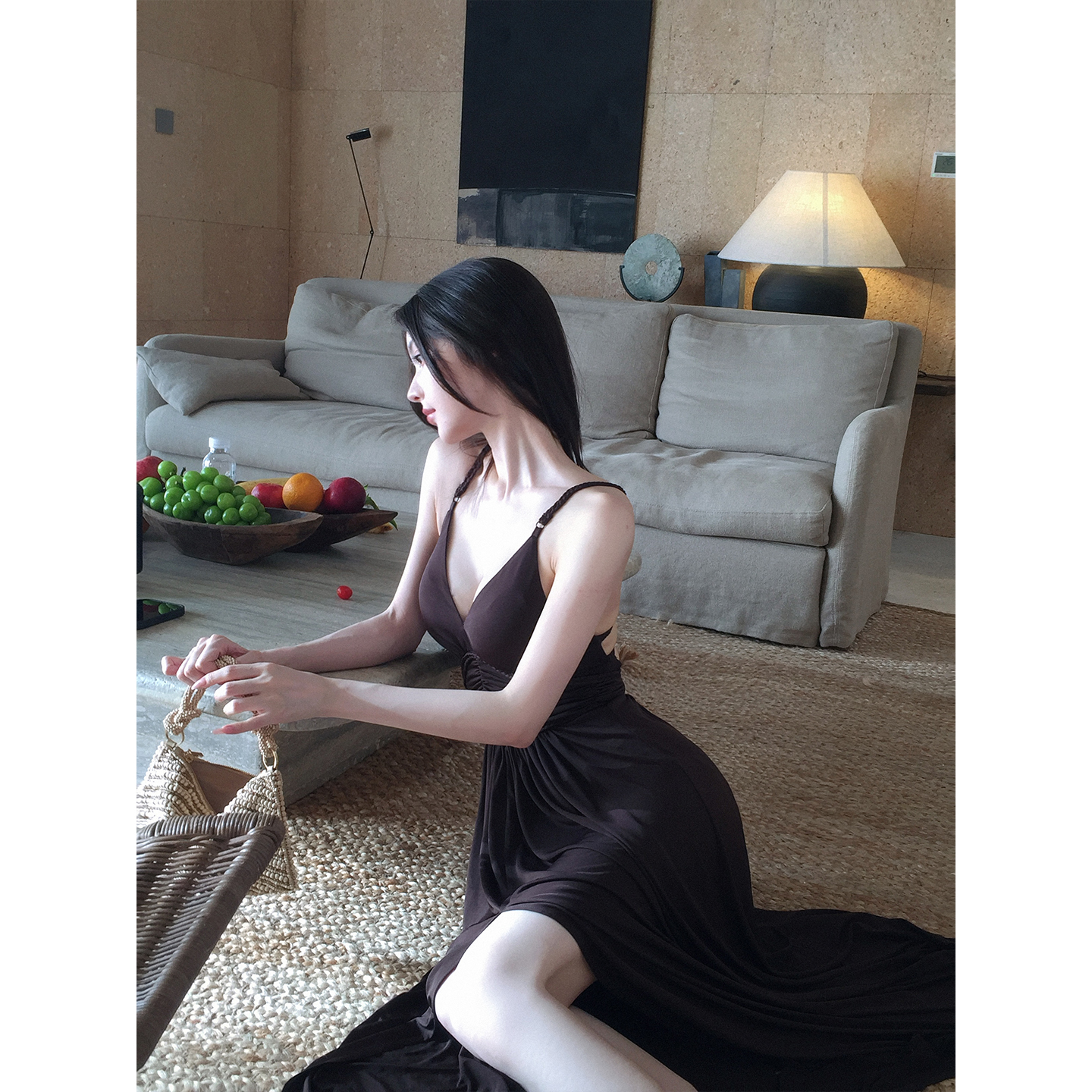 DFAY EF超绝女神棕 手工麻花做了一年的裙子开衩露背吊带连衣裙女