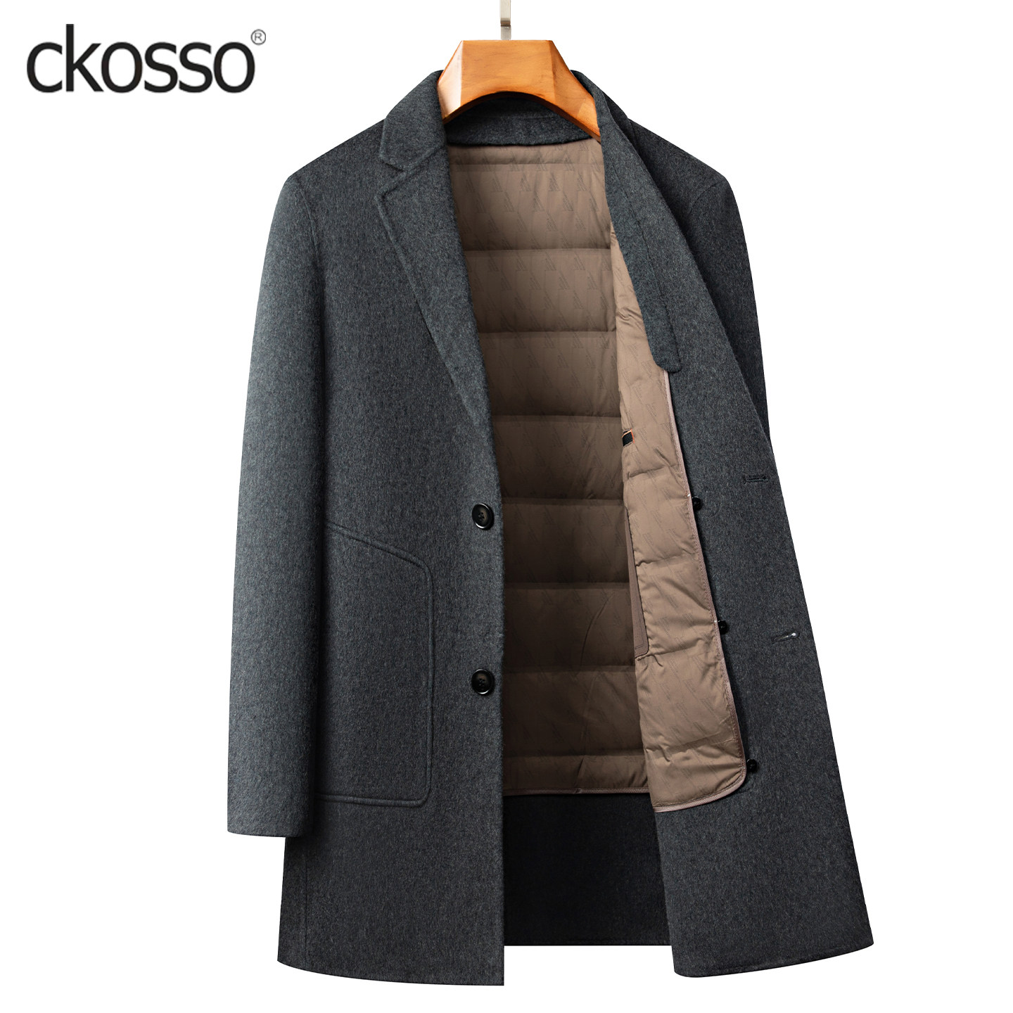 全羊毛呢大衣男士中长款西装领羽绒服内胆双面呢冬季高端男装外套