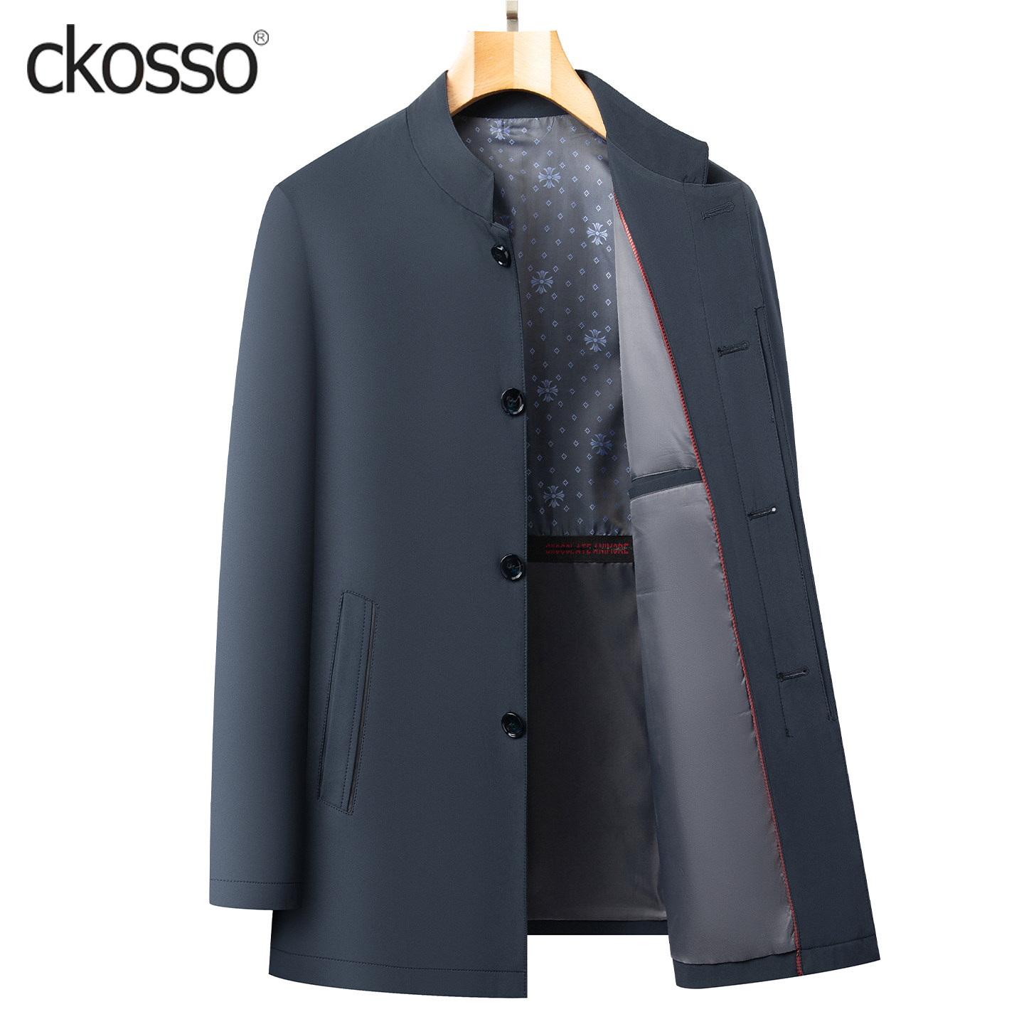 高端休闲风衣男士常规款立领纯色中年男装大衣2026新款中山装外套