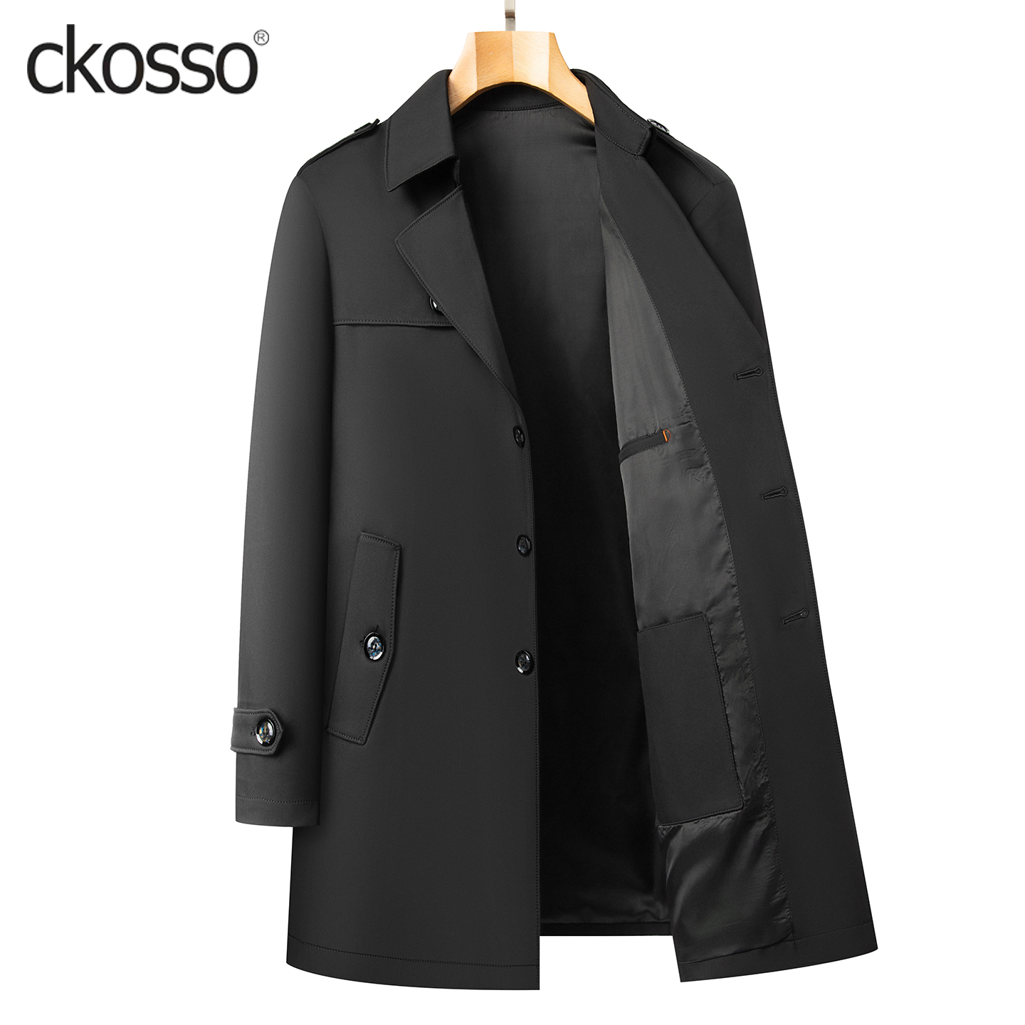 时尚流行风衣男黑色系带加大外套